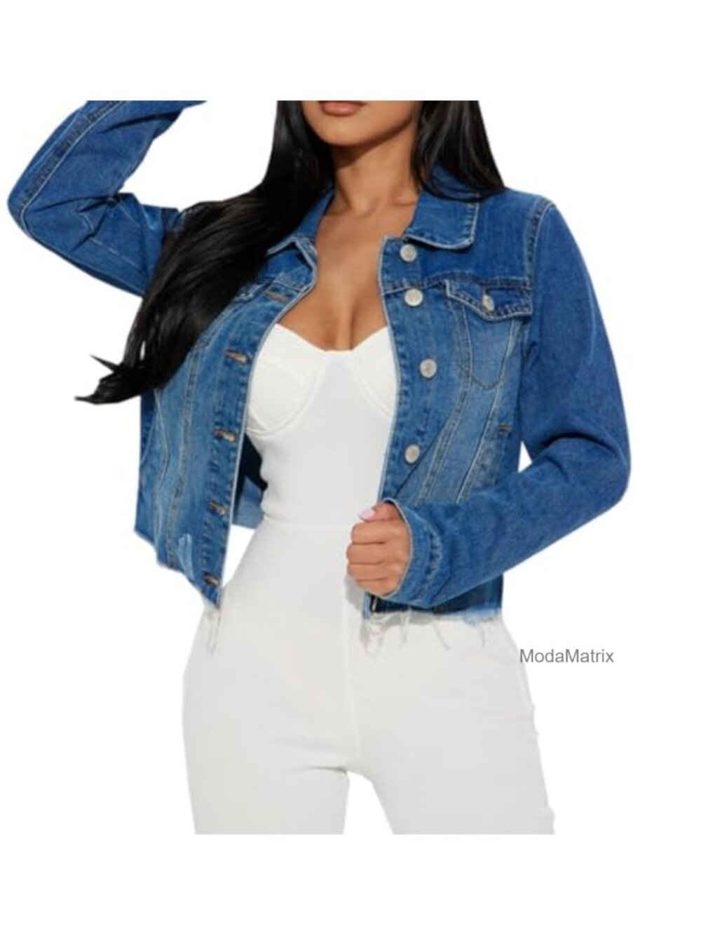 Women's Cropped Frayed Ripped Denim Jean Jacket Button Down Oversized